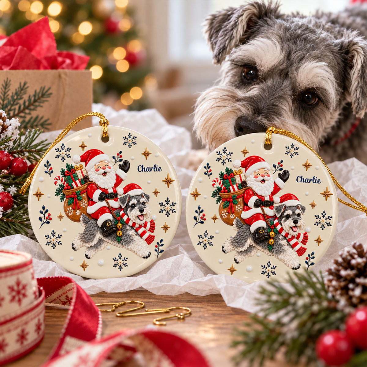 Santa On Dog's Back Upload Pet Photo 2D Flat Printed - Personalized Ceramic Ornament - Christmas Tree Decor For Dog Lover