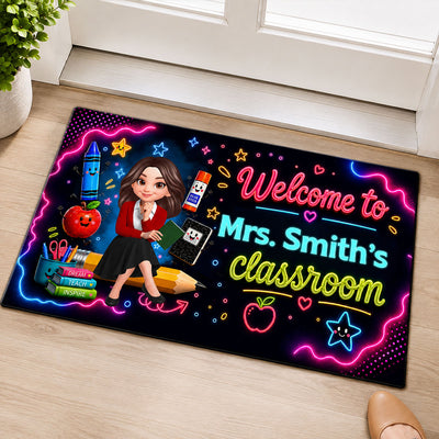 Neon Lights Colors Teacher Welcome To Classroom - Personalized Doormat - Back To School Gift For Teacher, Classroom Decor
