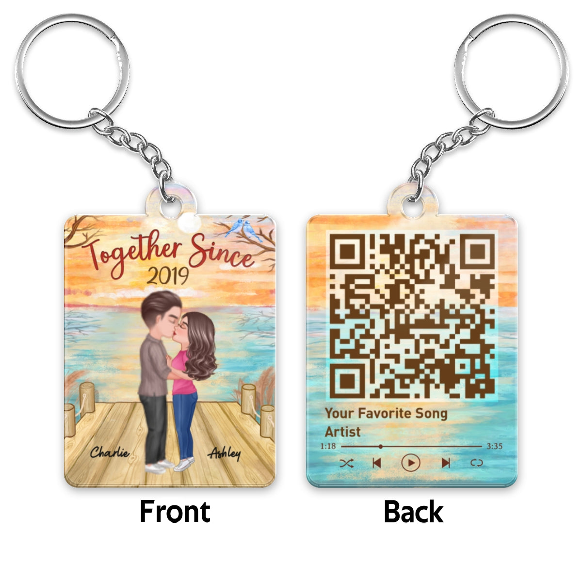Lake View Doll Couple Kissing Favorite Song Scannable QR Code Personalized Acrylic Keychain