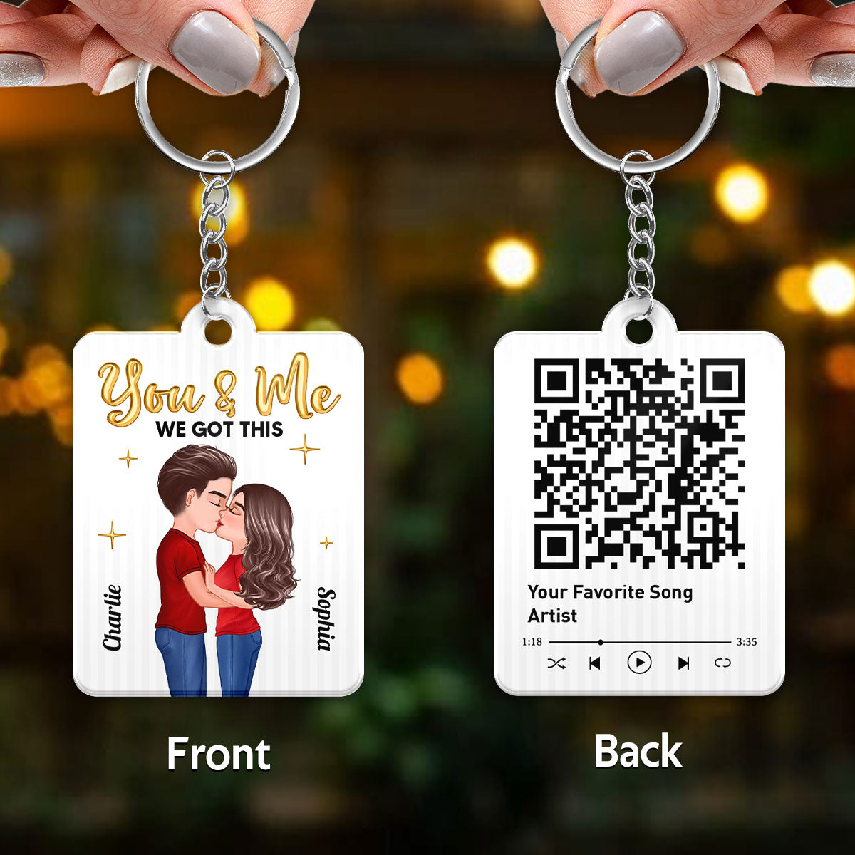 Doll Couple Kissing Golden Balloon Favorite Song QR Code Personalized Acrylic Keychain