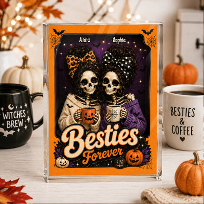 Besties Forever Skeleton Halloween - Personalized Acrylic Block Plaque - Halloween Decor Gift, Gift For Besties