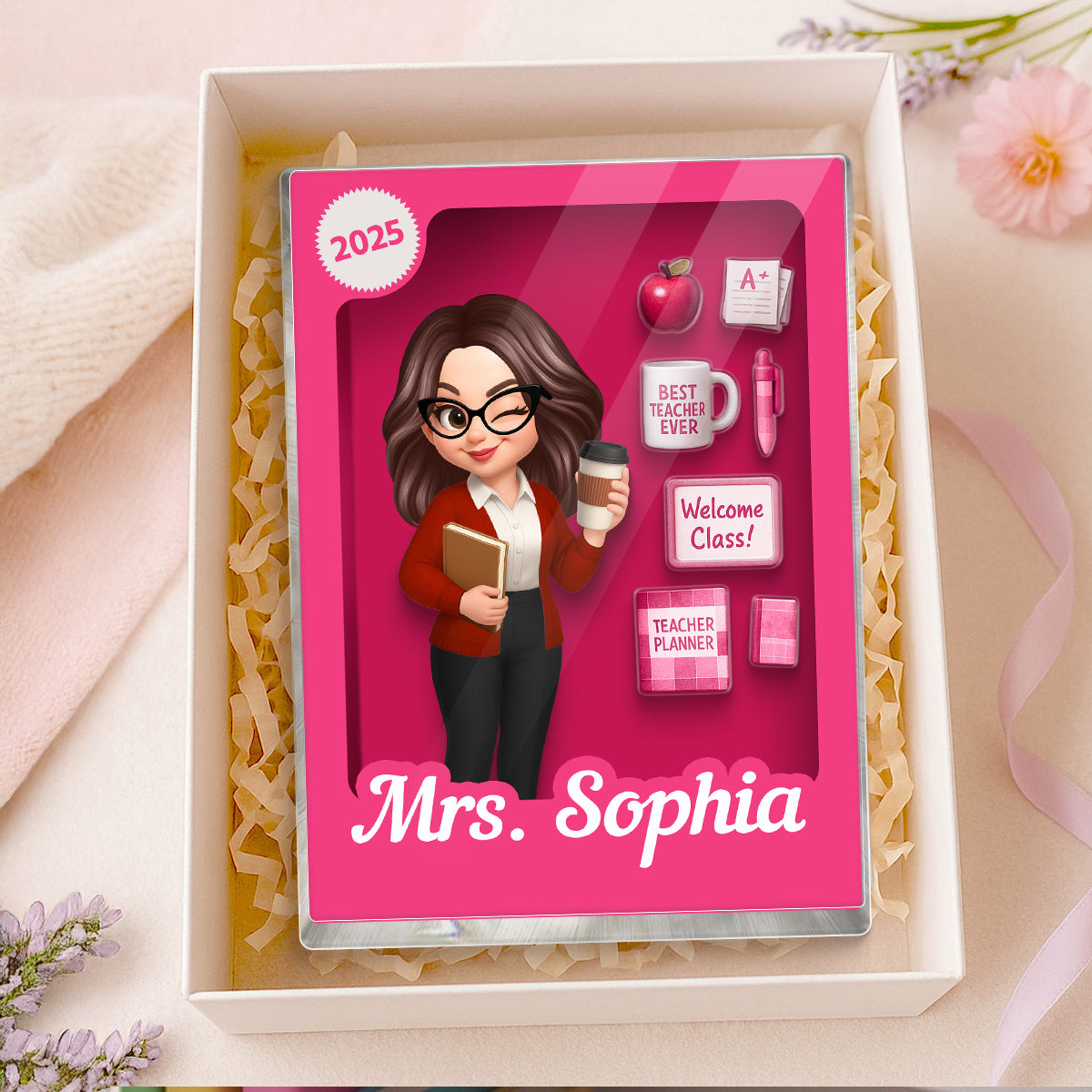 Pretty Teacher 3D Effect Toy Box Action Figure Personalized Acrylic Block, Back To School gift for Teachers