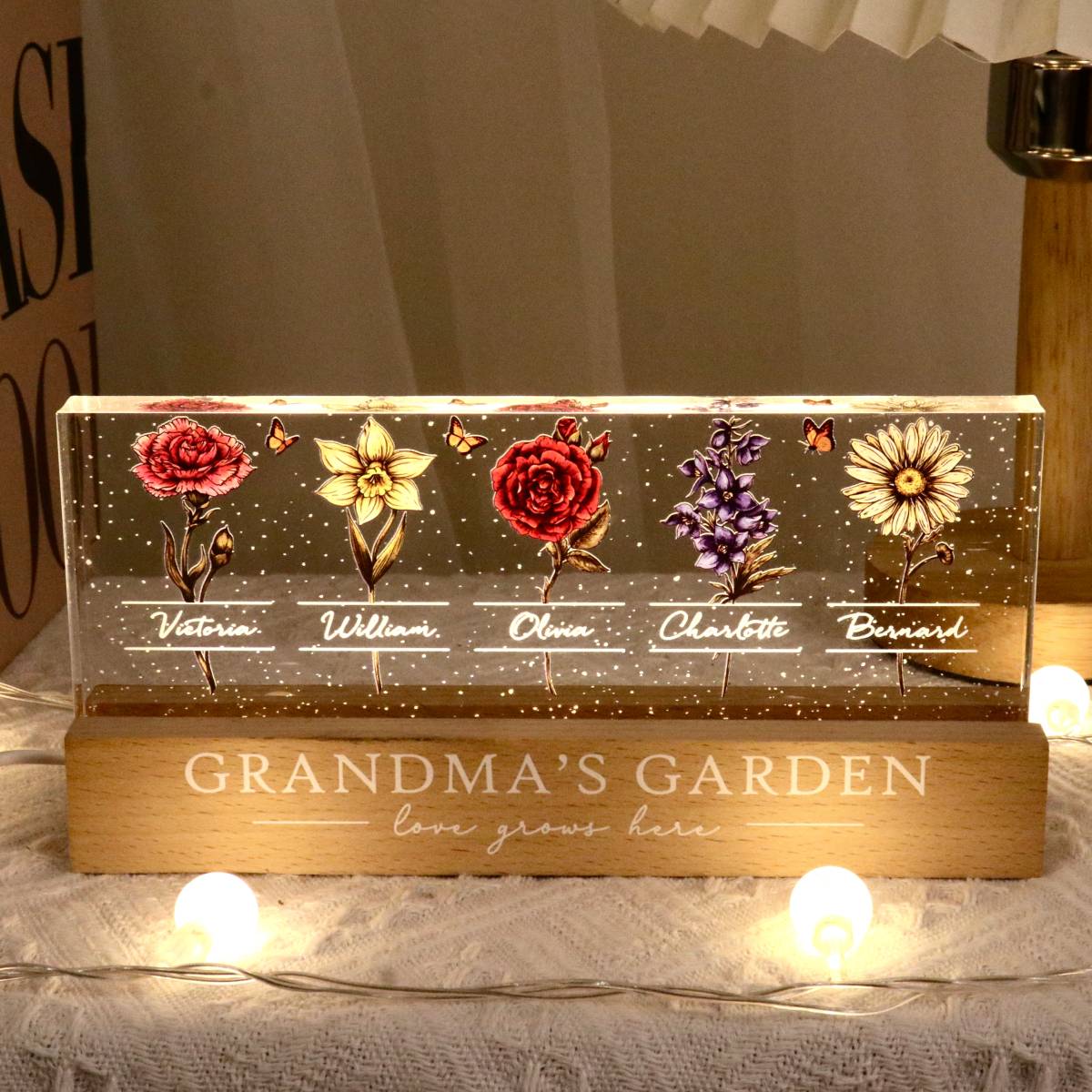 Grandma's Garden Of Grandkids Birth Month Flowers - Personalized Acrylic Block Plaque LED Night Light - Gift For Grandma, Gift For Mom