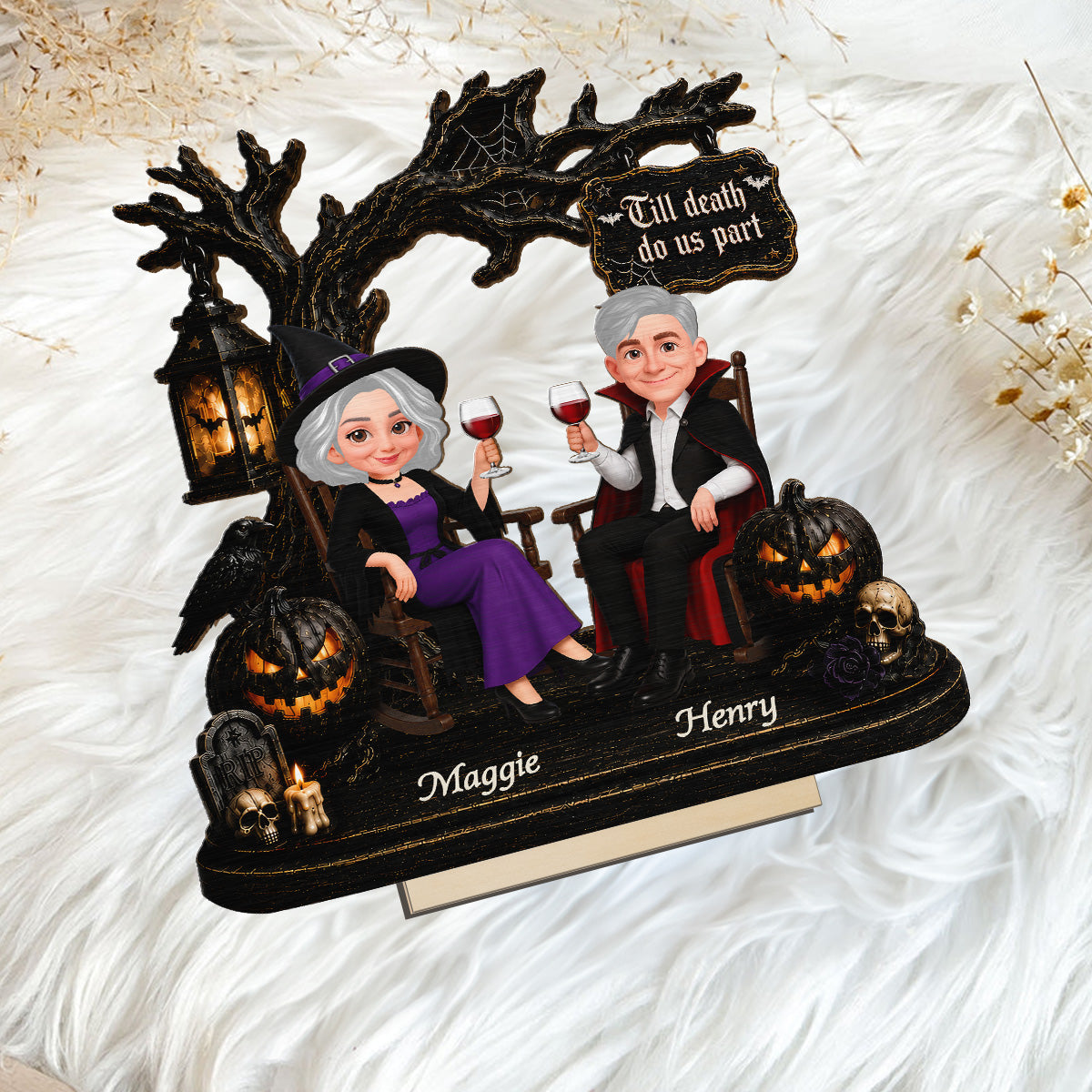 Couple Sitting Under Spooky Halloween Tree 2D Flat - Personalized 2-Layer Wooden Plaque - Tabletop Tier Tray Wicca Pagan Decor