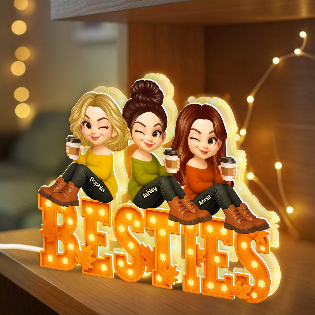 Fall Season Besties Sitting Marquee Pattern Texture Letters Personalized LED Light Box