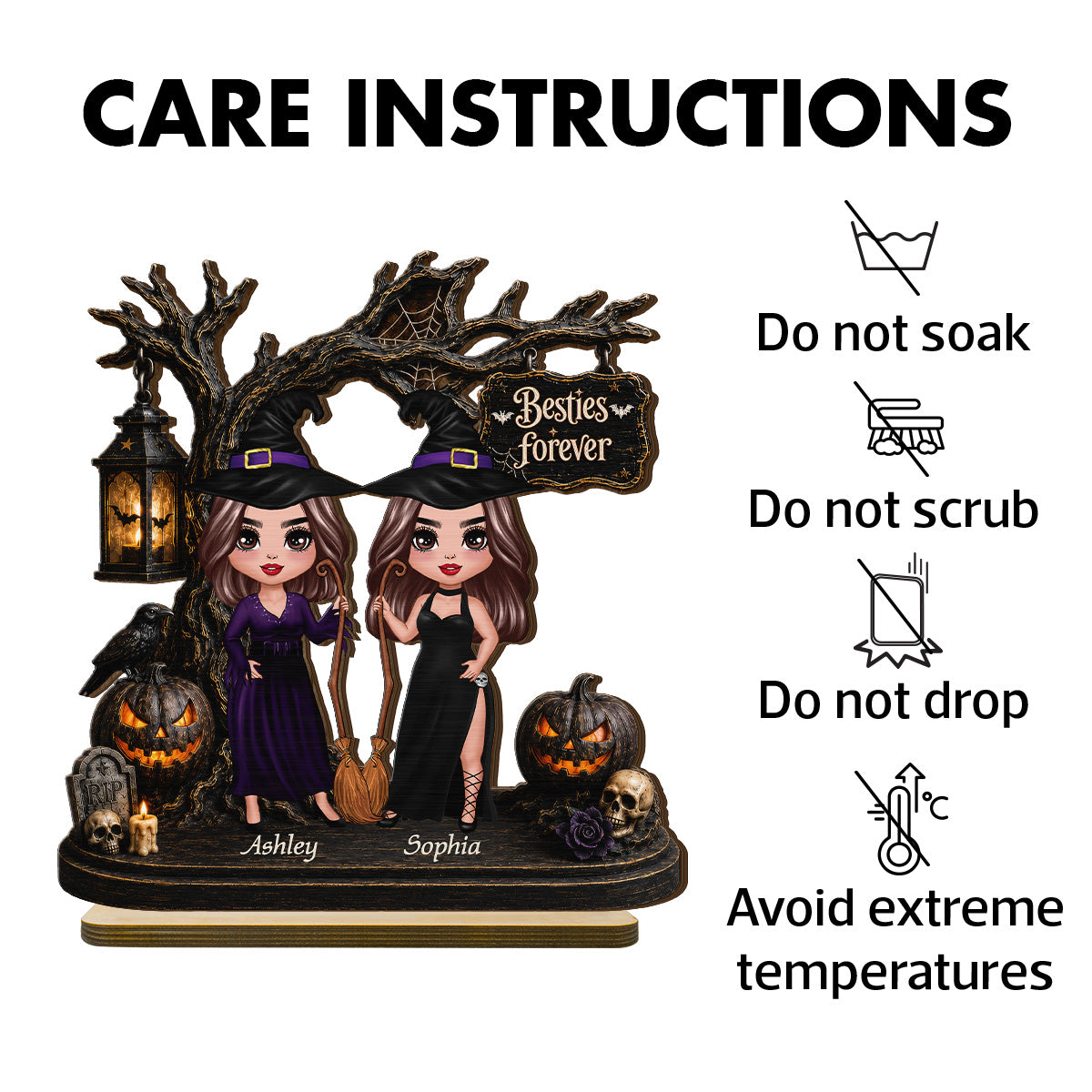 Witch Besties Spooky Halloween Tree 2D Flat - Personalized 2-Layer Wooden Plaque - Tabletop Tier Tray Wicca Pagan Decor