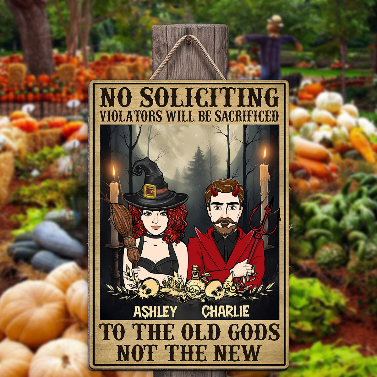 No Soliciting Halloween Couple Perosnalized Wood Sign, Door Hanger, Outside Decor