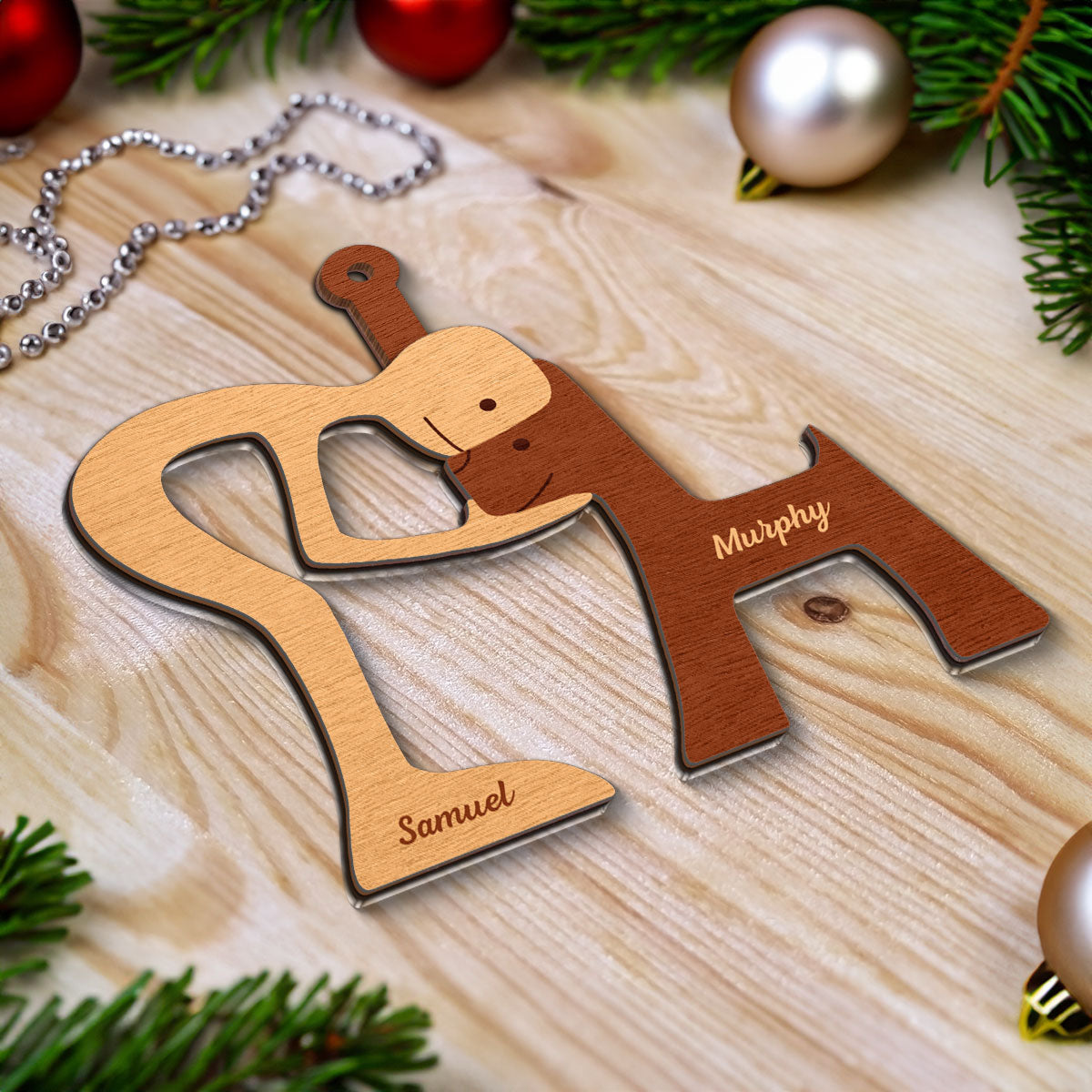 Man Woman And Dog Cat Illustration Personalized 2-Layer Wooden Ornament, Christmas Gift For Dog Lovers, Cat Lovers