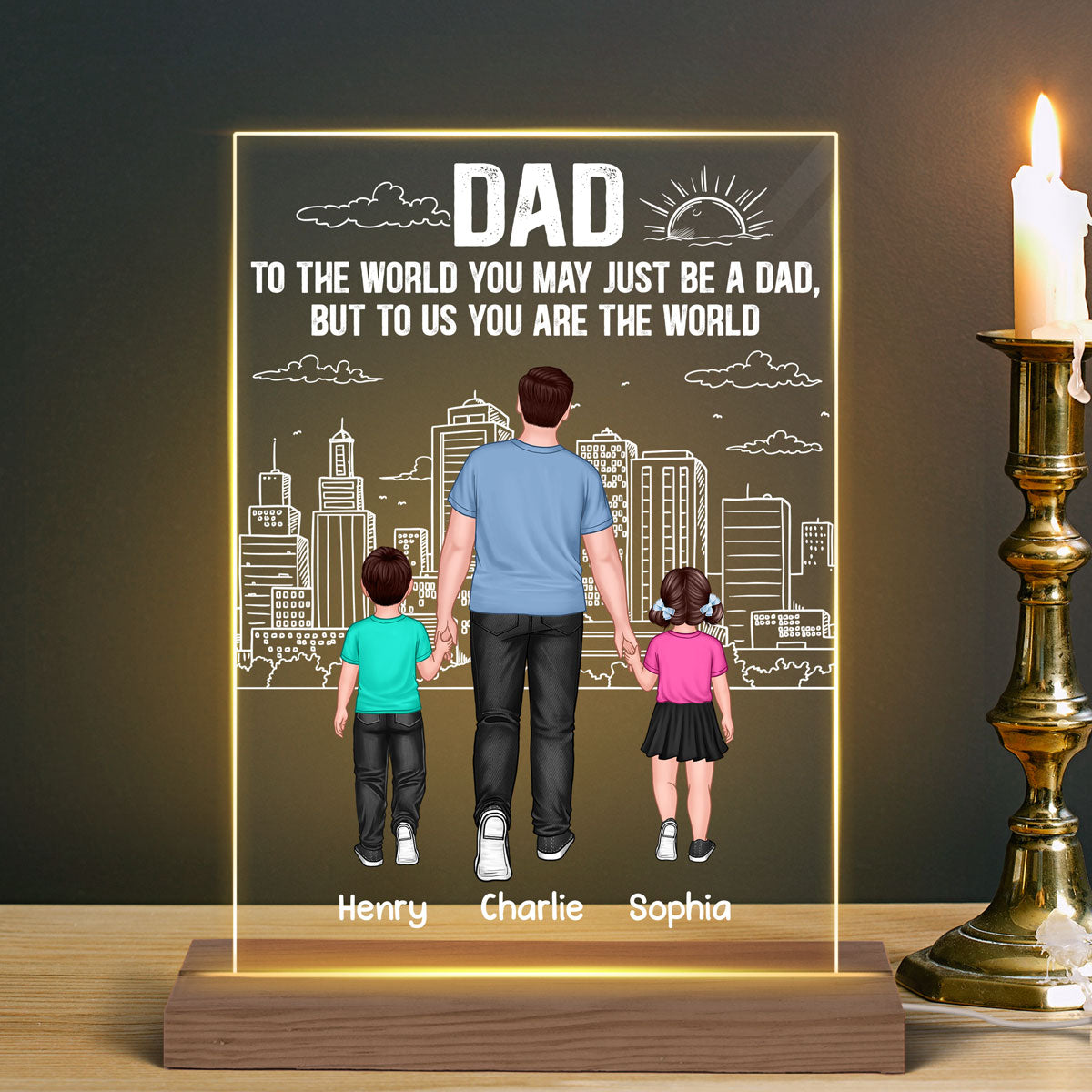 Back View Dad & Kids Walking Street Line Background Personalized Rectangle Acrylic Plaque With LED Night Light
