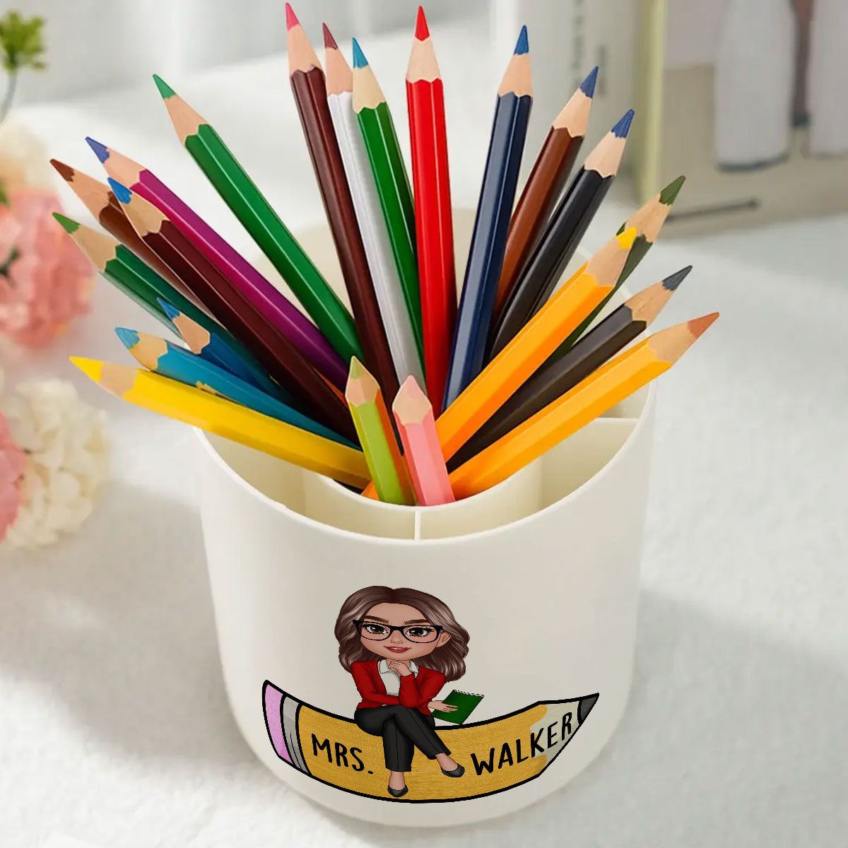 Teacher Sitting On Pencil Personalized Rotating Pen Holder, Back To School Gift, Teacher Appreciation Gift