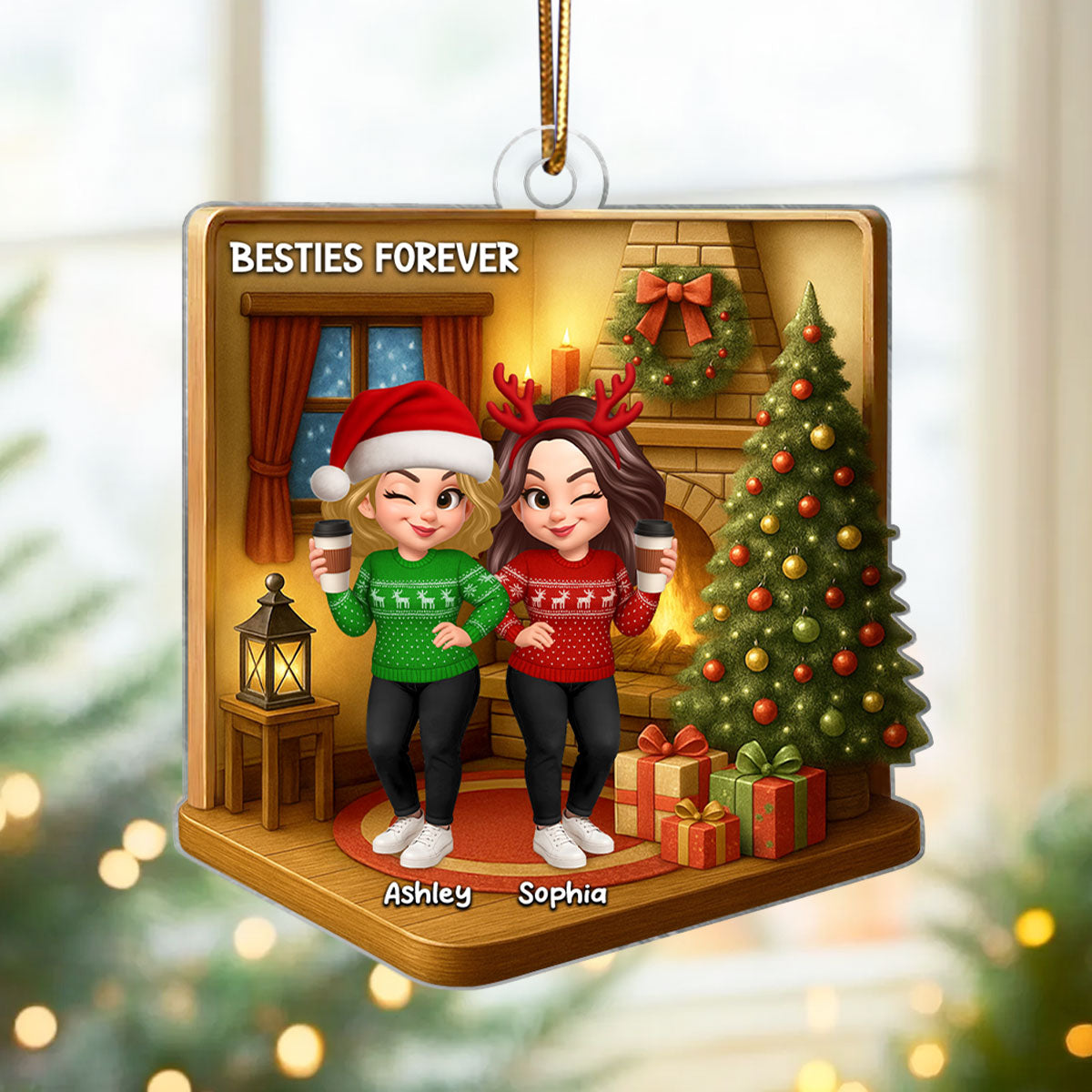 Christmas Besties Sisters In House 3D Effect Personalized Acrylic Ornament