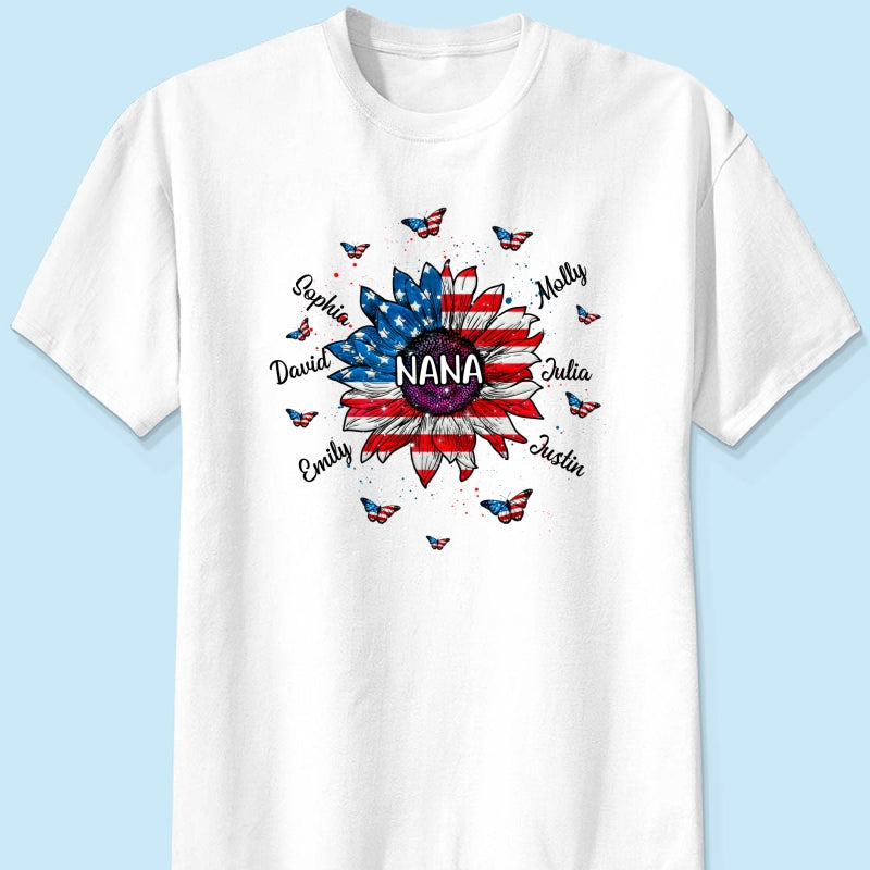 Grandma With Grandkids Names Nation Flag Sunflower Personalized Shirt