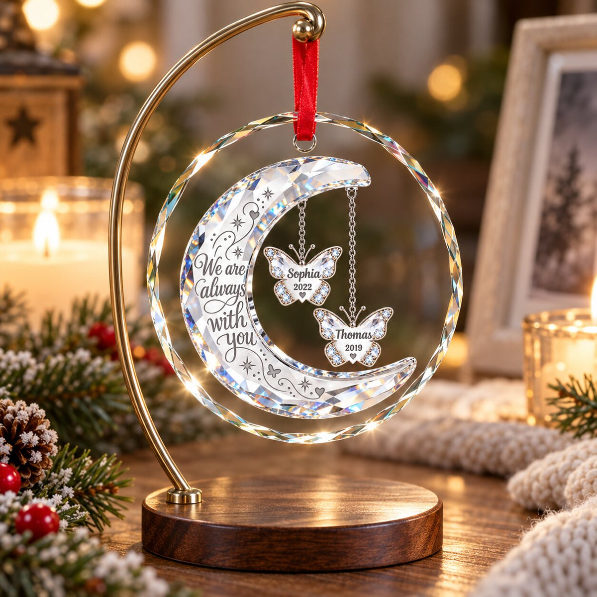 Always With You Memorial Crystal Moon & Butterfly Ornament 2D Flat - Personalized Glass Ornament - Sympathy Gift