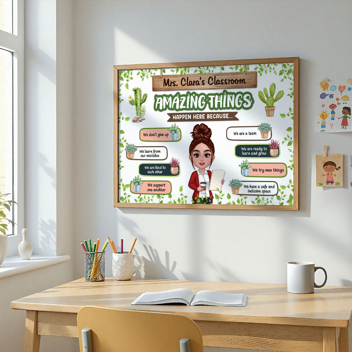 Greenery Boho Plants Amazing Things Happen Here Teacher Personalized Poster, Classroom Decoration