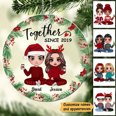 Holly Branch Doll Couple Personalized Acrylic Ornament