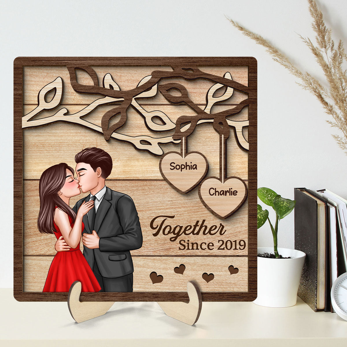 Couple Kissing Under Tree Elegant Couple Personalized 2-Layer Wooden Plaque