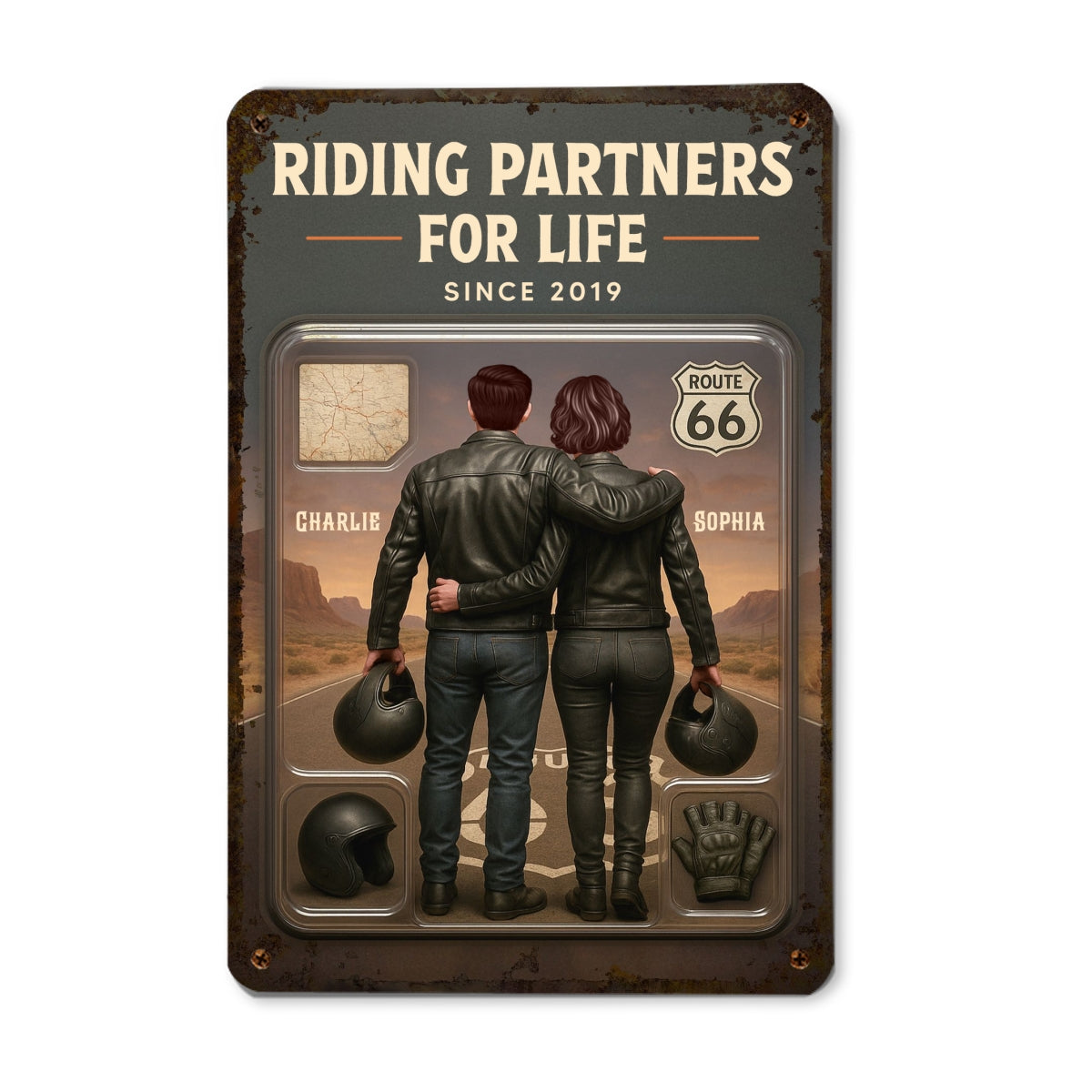 3D Effect Custom Figure Couple Bikers Riding Partners For Life Personalized Metal Sign