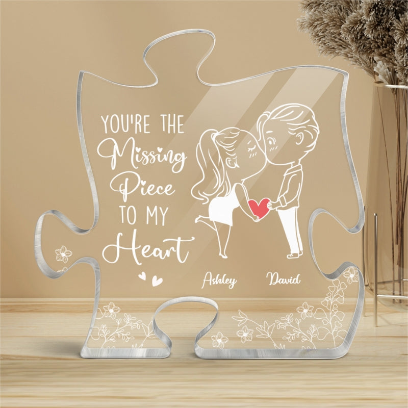 Chibi Couple Outline Missing Piece To My Heart Personalized Puzzle Acrylic Plaque