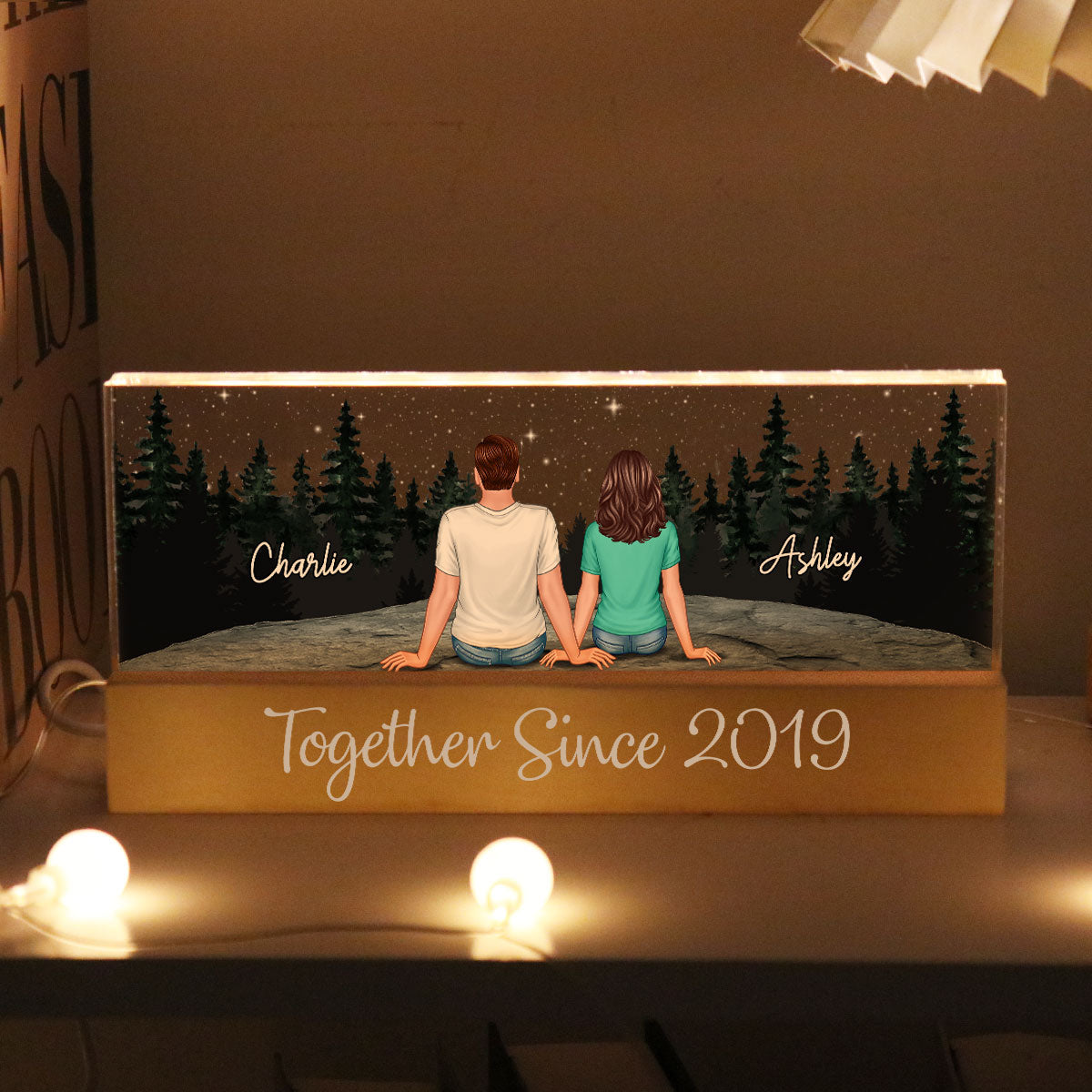 Back View Couple Stargazing Galaxy Night Personalized Acrylic Block LED Night Light, Heartfelt Gift For Couple, For Him, For Her, Boyfriend, Girlfriend, Husband, Wife