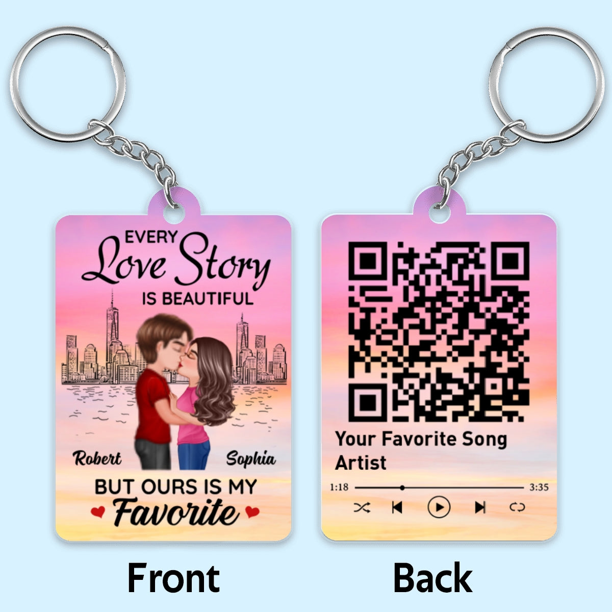 Skyline Doll Couple Kissing Favorite Song Scannable QR Code Personalized Acrylic Keychain