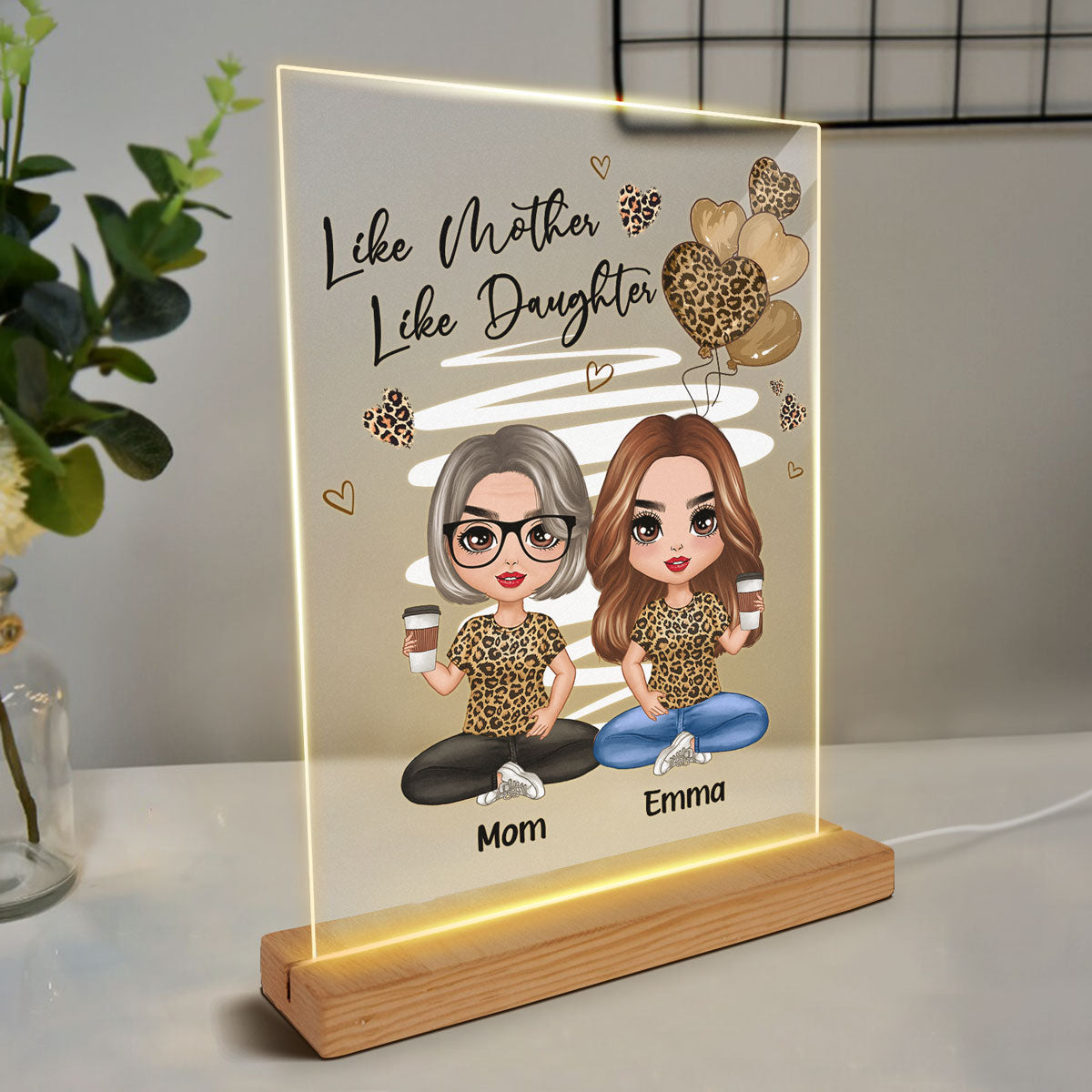 Leopard Hearts Doll Mom And Daughters Sitting Personalized Rectangle Acrylic Plaque LED Night Light