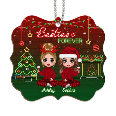 Doll Besties Sisters Neon Christmas Personalized Wooden Ornament