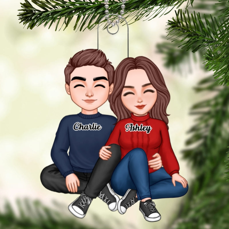 Cute Couple Sitting Hugging Personalized Acrylic Car Hanging Ornament