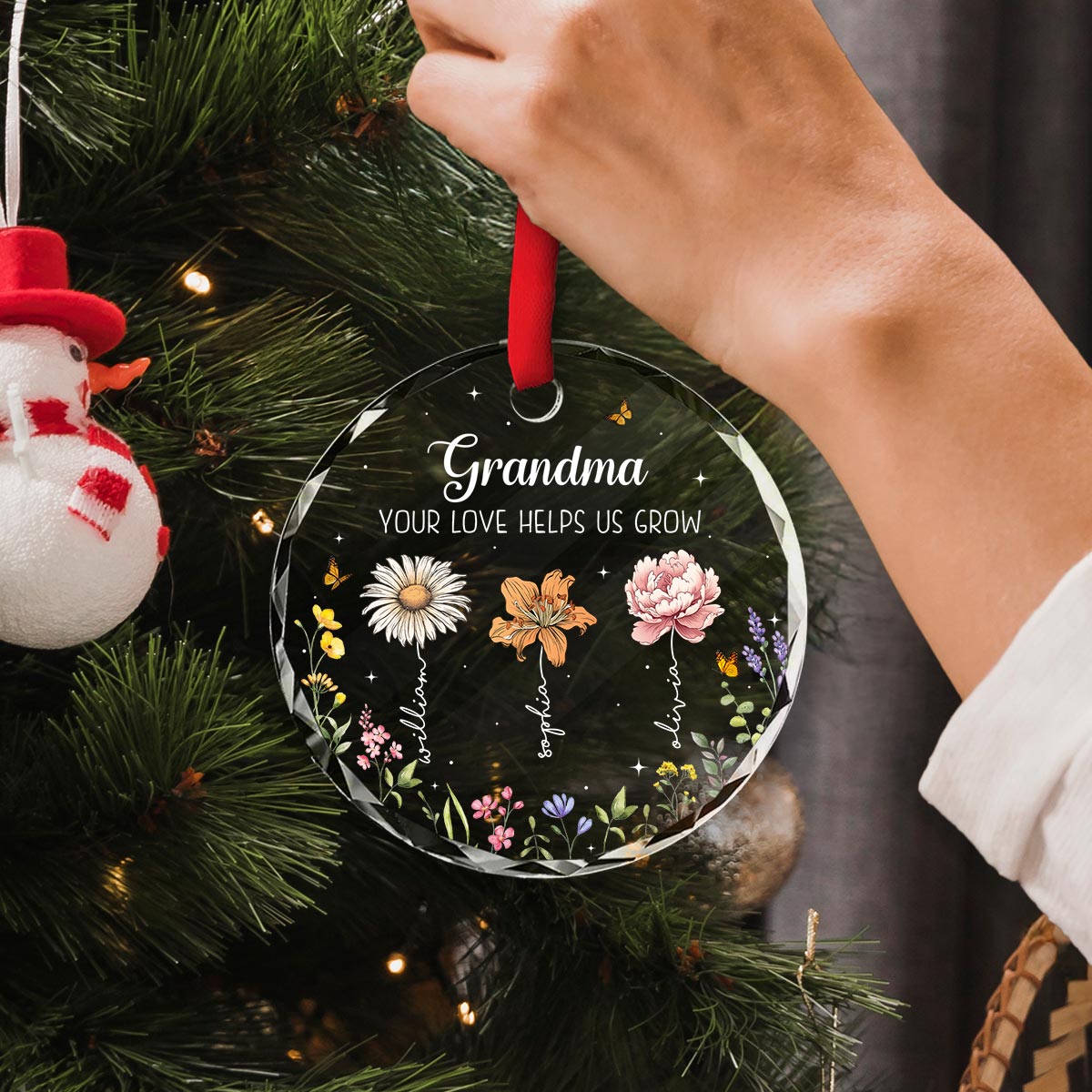 Grandma Your Love Helps Us Grow Birth Month Flowers Personalized Glass Ornament