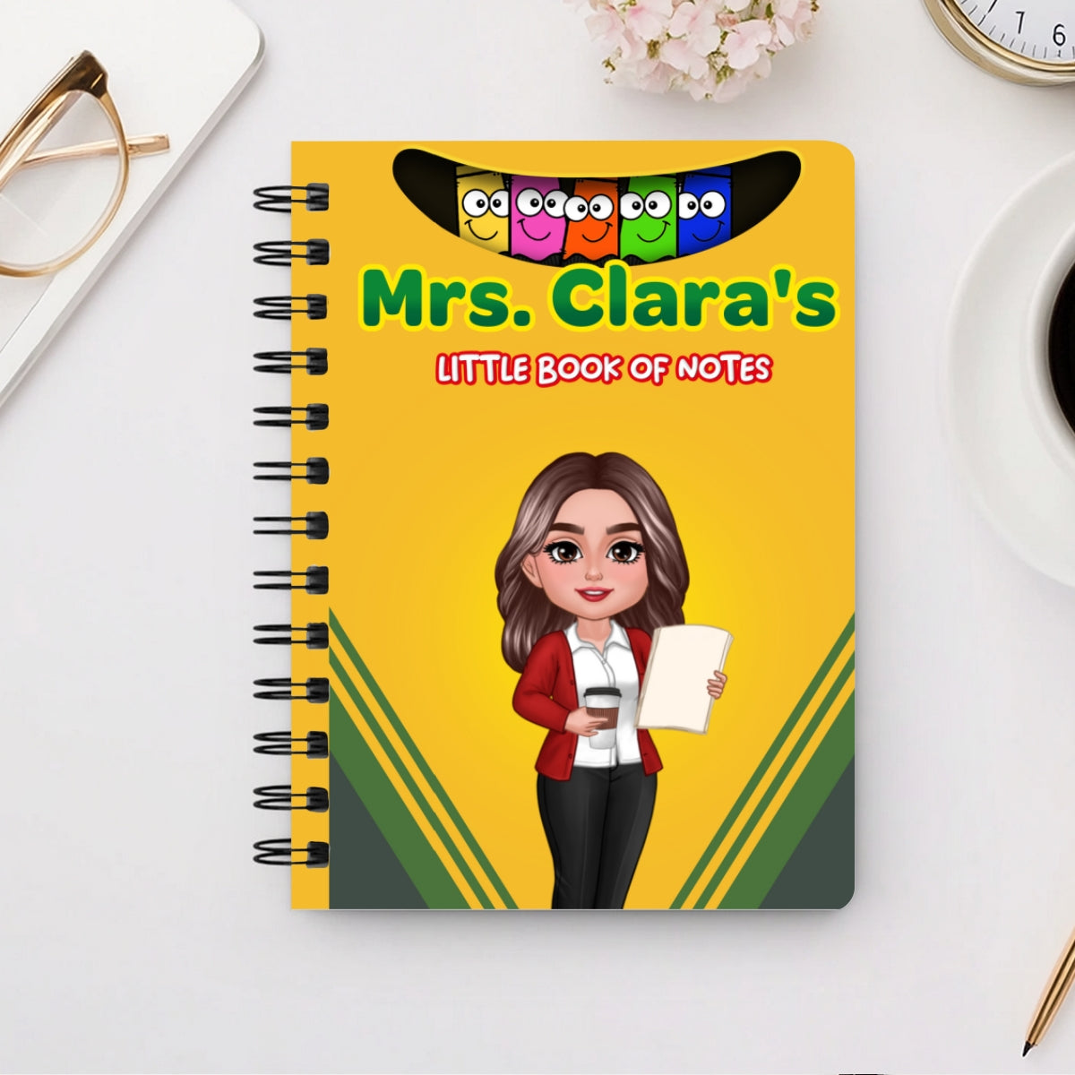 Crayon Box Themed Teacher Name Personalized Spiral Notebook Journal, Back To School Stationery