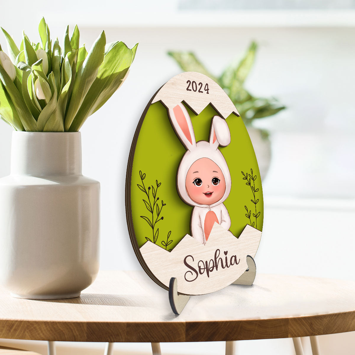 Easter Gift For Grandkids Little Bunny Inside Easter Egg Personalized 2-Layer Wooden Plaque