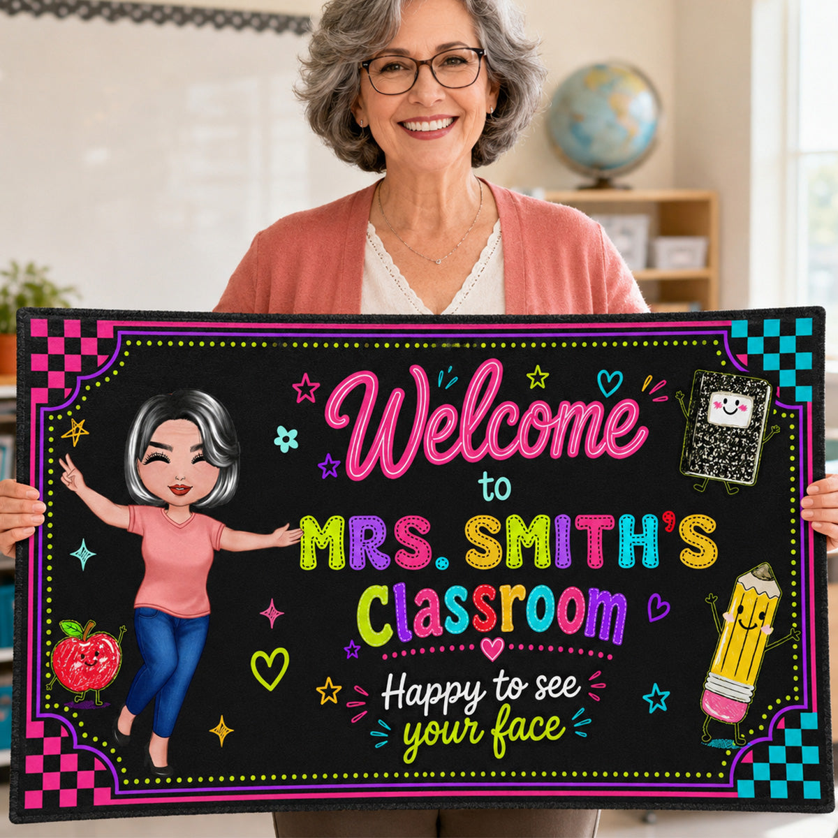 Happy To See Your Face Happy Teacher Preppy Neon Theme - Personalized Doormat - Classroom Students Welcome Decor