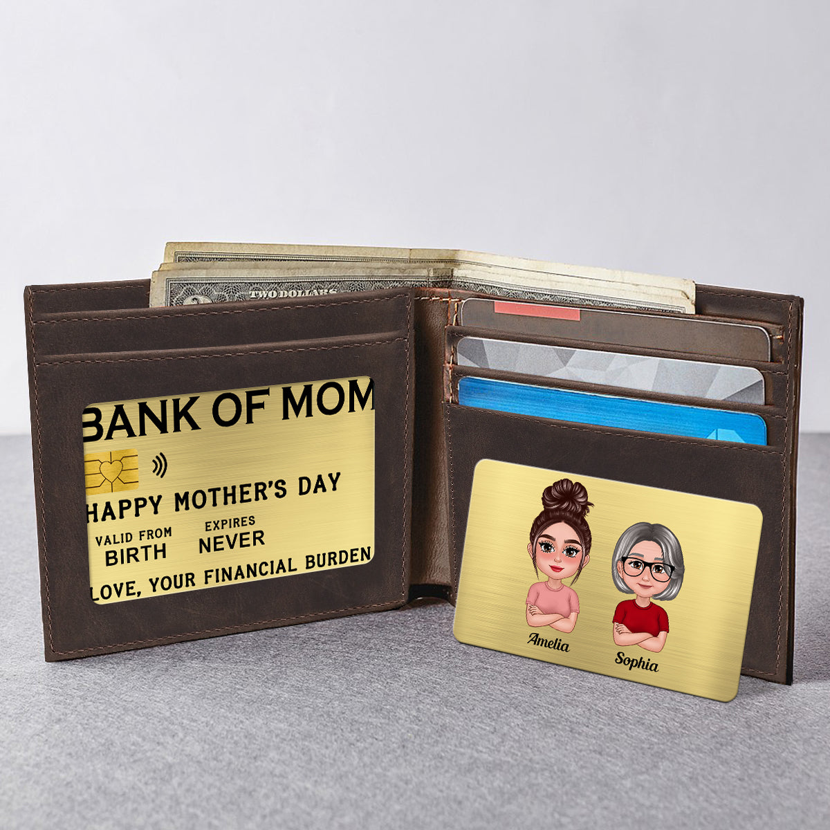 Bank Of Mom Pretty Mother Daughter Son Personalized Wallet Insert Metal Wallet Card