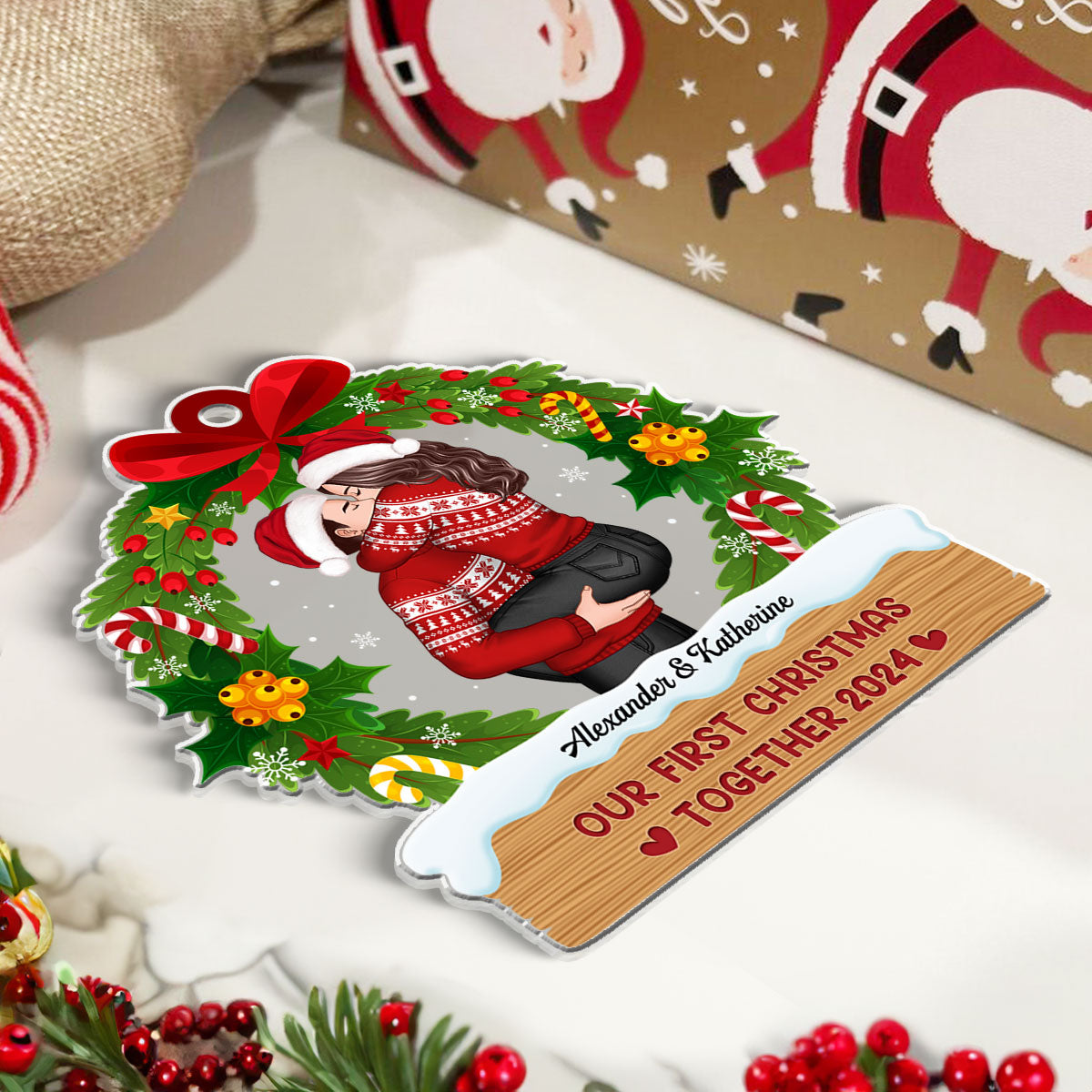 Hugging Kissing Couple Christmas Wreath Personalized Acrylic Ornament, Christmas Gift For Him For Her