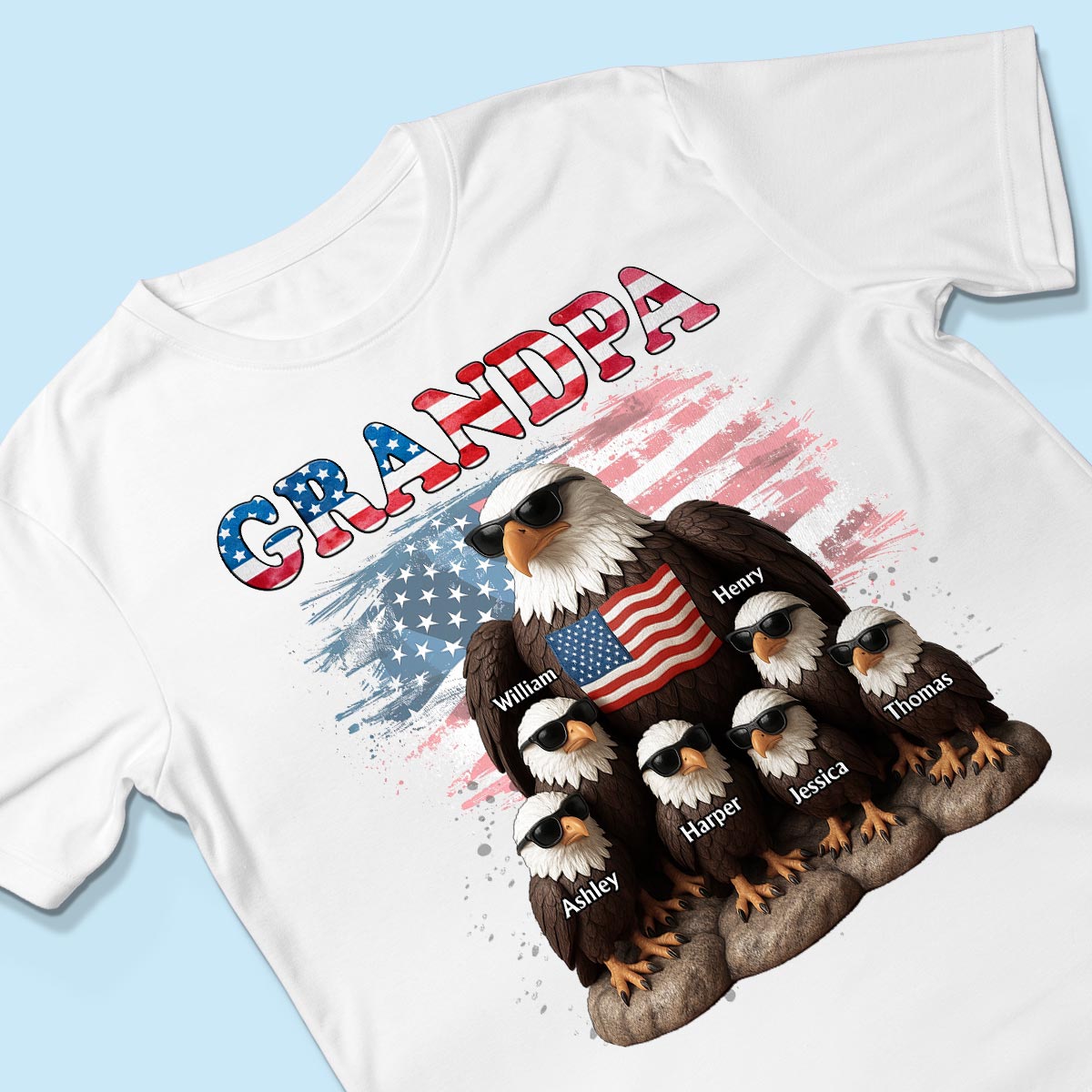 Patriotic Eagle Grandpa Dad & Kids 3D Effect Personalized Shirt, Gift For Dad Grandpa