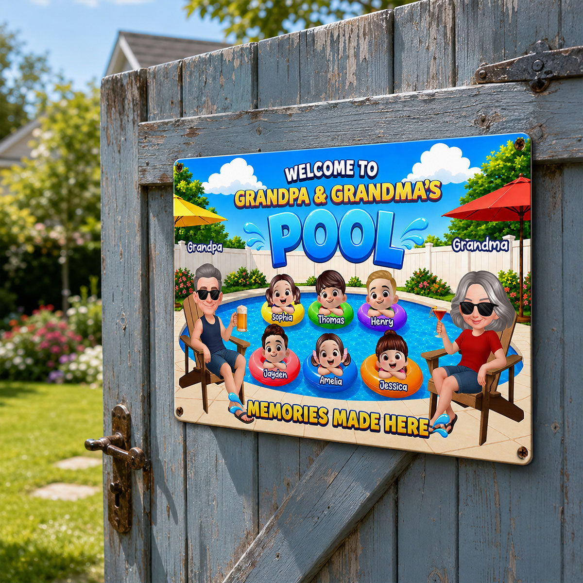 Welcome To Grandma Grandpa Pool Summer - Personalized Metal Sign - Gift For Grandparents, Summer Decoration