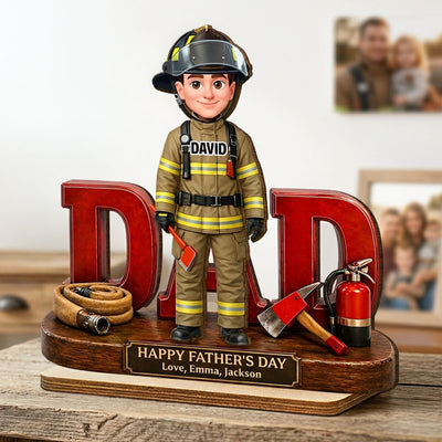 Proud American Firefighter Dad - Personalized 2-Layered Wooden Plaque - Father's Day Gift For Dad