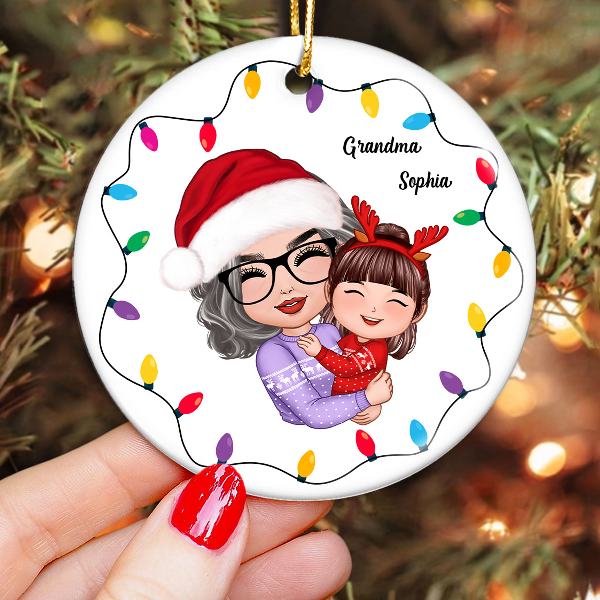Christmas Light Strings Doll Grandma Hugging Kid Gift For Granddaughter Grandson Personalized Circle Ornament