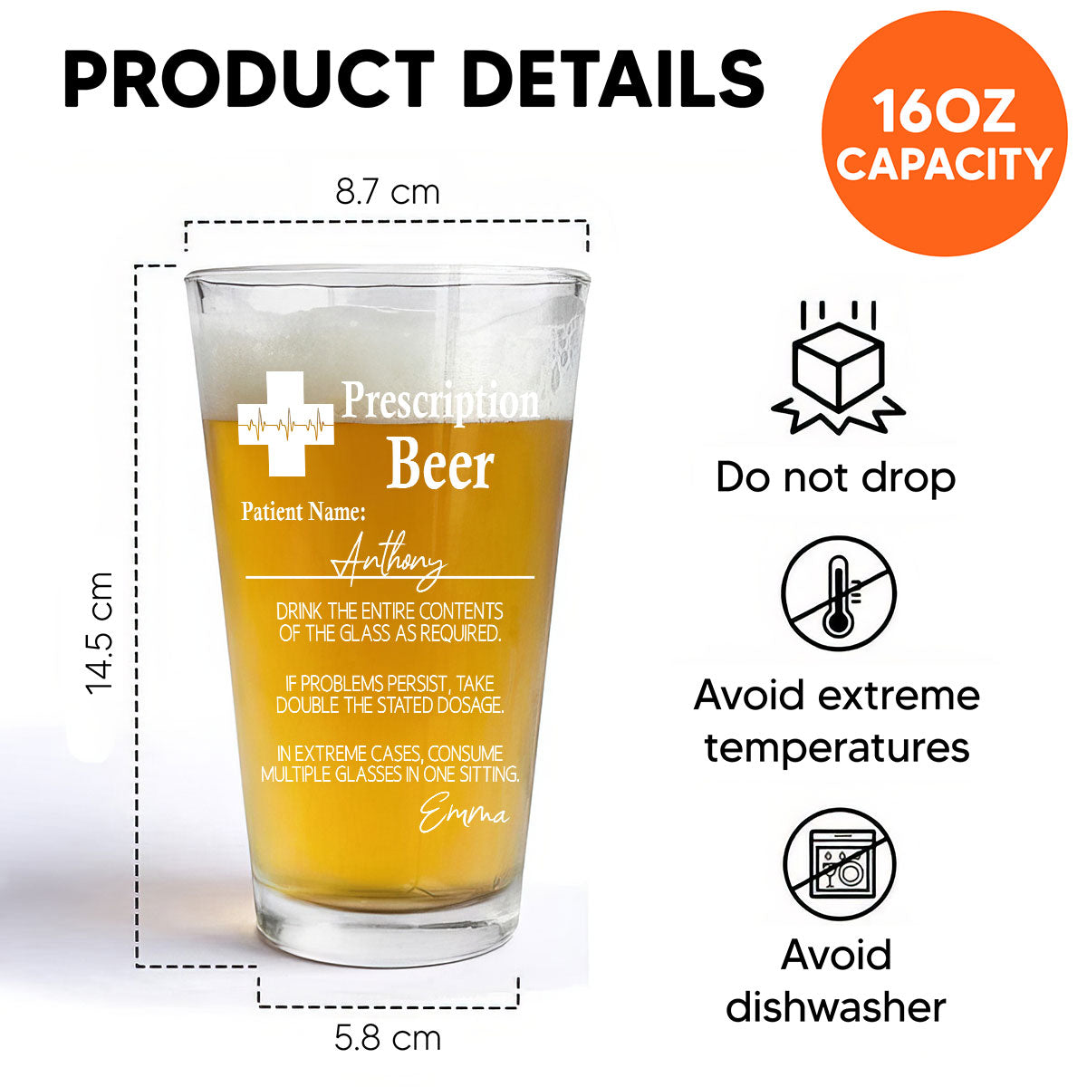 Prescription Beer Personalized Beer Glass, Funny Birthday Gift For Dad Brother Sister Bestie, Unique Father's Day Gift, Gift For Beer Lover