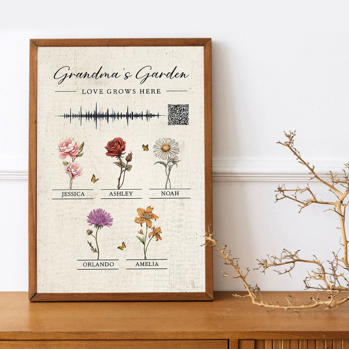 Grandma's Garden Birth Month Flowers Personalized Poster, Voice Recording Sound Wave, Gift for Mom Grandma, Custom Your Heartfelt Voice Message for her
