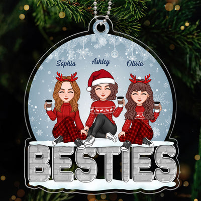 Sisters Besties Sitting On Brick Snow Globe Personalized Acrylic Ornament