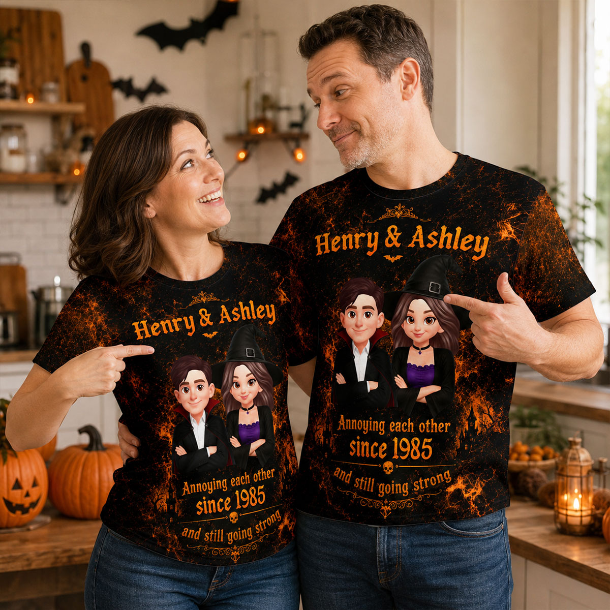 Retro Halloween Couple - Personalized Shirt - Halloween Matching Shirts for Couple, Anniversary Gift for Him, for Her