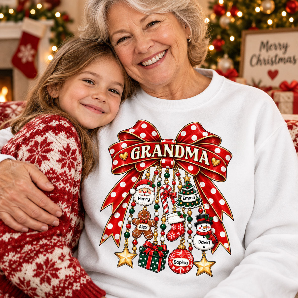 Grandma Retro Christmas Charm Bow - Personalized Shirt - Trendy Christmas Tee for Grandma