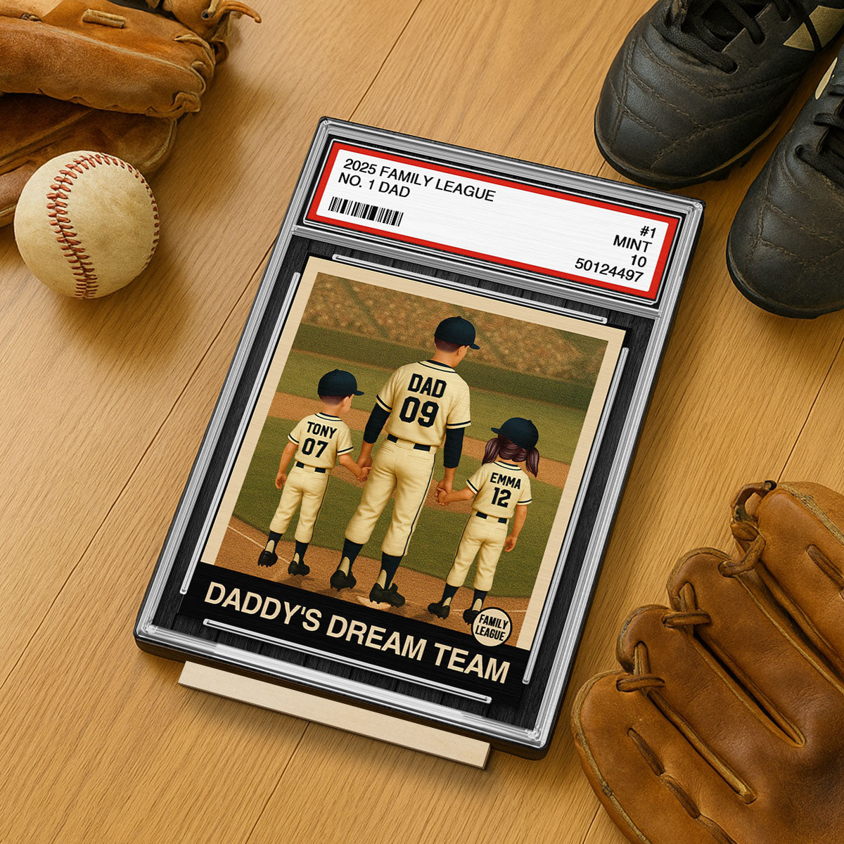 Baseball No. 1 Dad Man & Kids Trading Card Style Personalized 2-Layer Standing Wooden Plaque