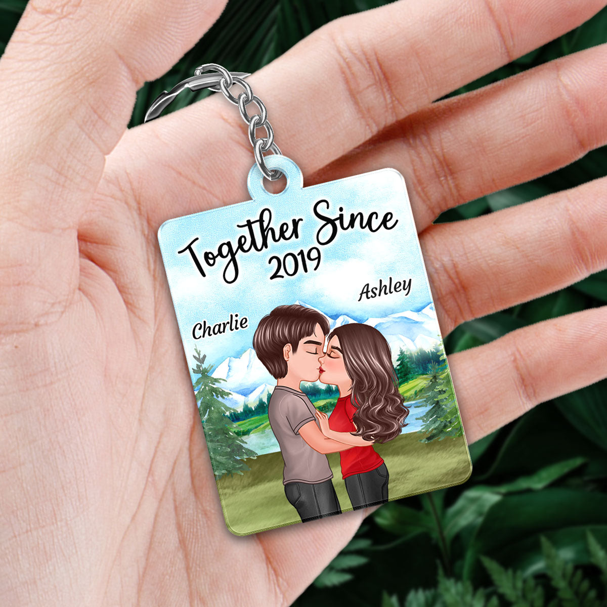Mountain And Lake Doll Couple Kissing Favorite Song Scannable QR Code Personalized Acrylic Keychain