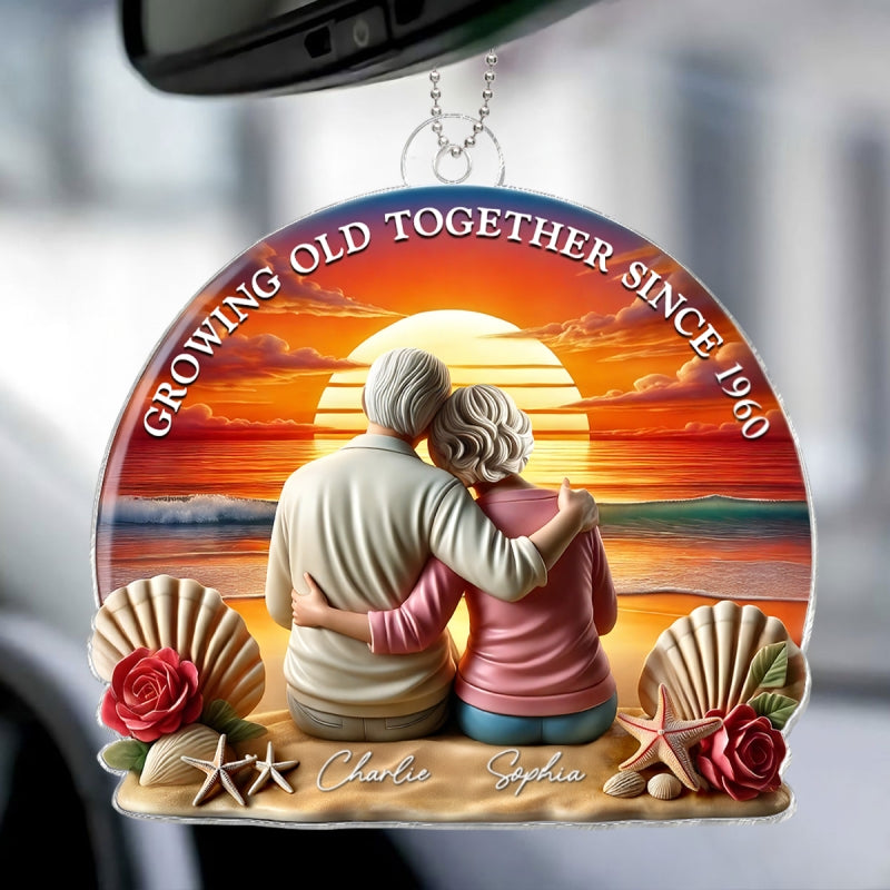 3D Effect Old Couple Sitting Sunset Beach Landscape Personalized Car Hanger Ornament, Heartfelt Gift For Couple, For Him, For Her, Husband, Wife