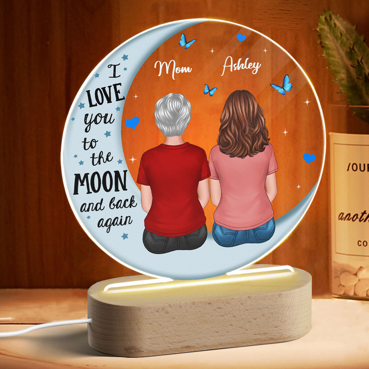 Mom And Children Blue Moon Personalized Circle Plaque LED Night Light