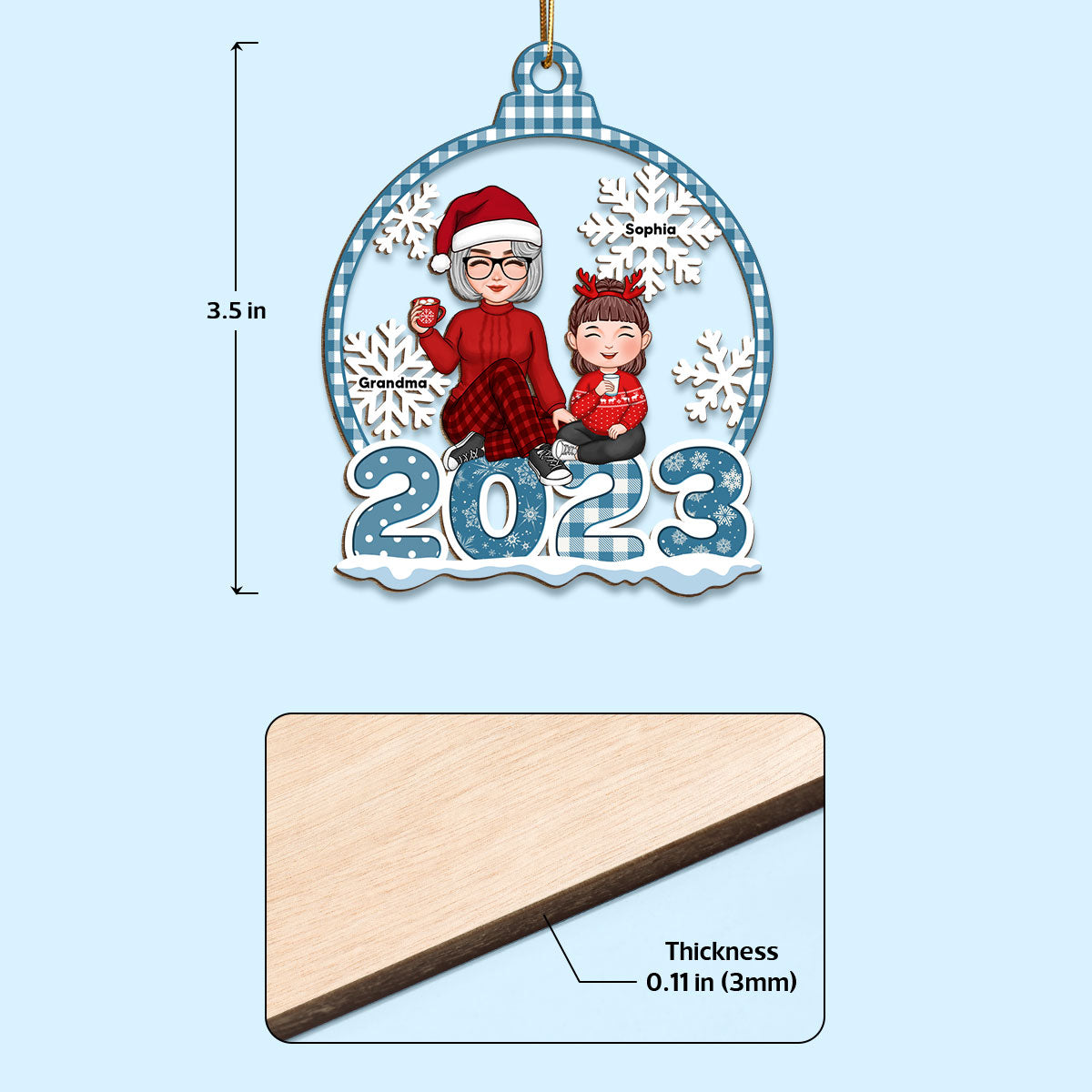 Blue Pattern Snowflake Cute Grandma Grandkids Sitting On 2023 Personalized Wooden Ornament