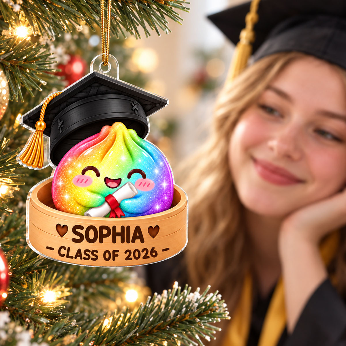 Cute Graduation Dumpling - Personalized Acrylic Ornament - Class of 2026 2027 - Christmas Gift For Boy, Girl, Grandkids