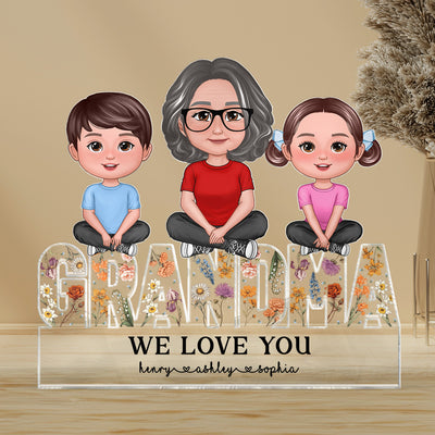 Grandma Granddaughters Grandsons Sitting On Word Vintage Flowers Personalized Acrylic Block Plaque