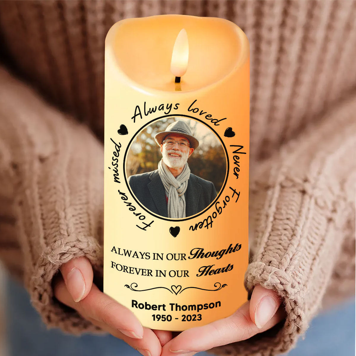 Always Loved Never Forgotten Memorial Personalized LED Candle, Custom Photo Sympathy Gift